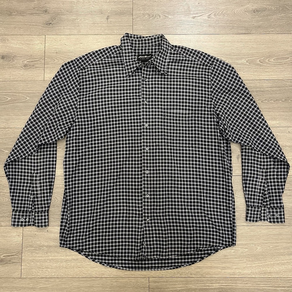 Eddie Bauer Shirt Mens  Extra Large Tall Black and White Plaid Button Down